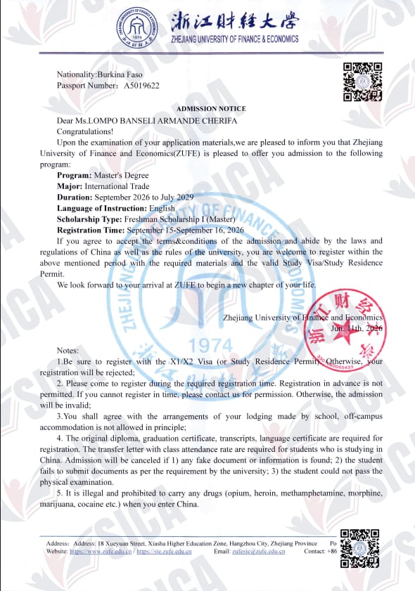 LOMPO BANSELI ARMANDO CHERIFA — Zhejiang University of Finance and Economics
